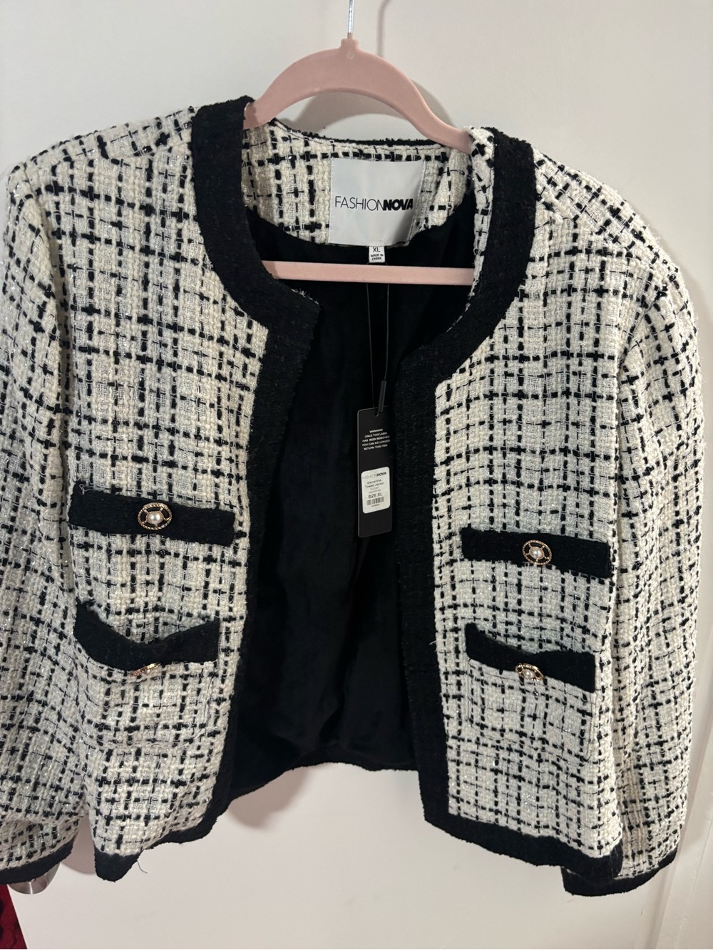 Fashion Nova Black & White Tweed Open-Front Jacket